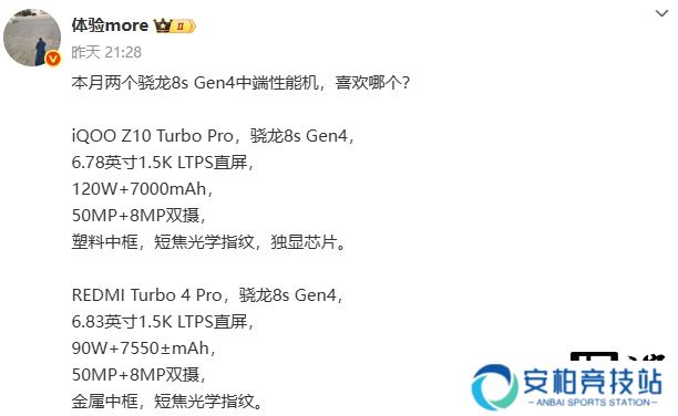 iQOO Z10 Turbo Pro、小米 REDMI Turbo 4 Pro 手机参数曝光：均为本月发布、骁龙 8s Gen4 处理器